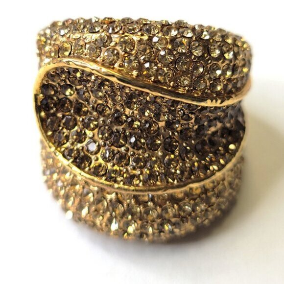Two Tone Gold and Amber Color Wide Ring Concave Design with Rhinestones Size 6.5 - Picture 2 of 14